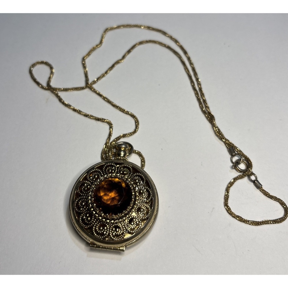 Vintage Avon Amber Rhinestone Locket Necklace Gold Tone Filigree Victorian Style